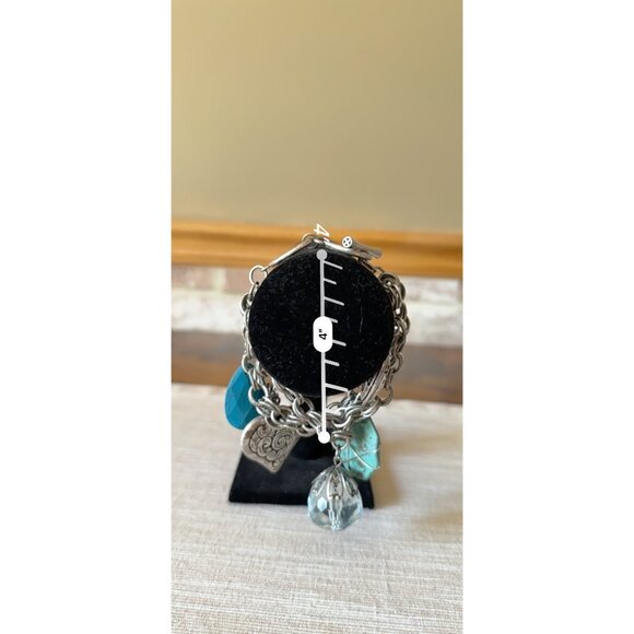 Boho Silver Tone Charm Bracelet Hearts Turquoise Glass Beads Toggle Statement - Picture 15 of 16